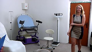 Pretty Leggy Blonde Undresses In Gyno Cabinet For Exam